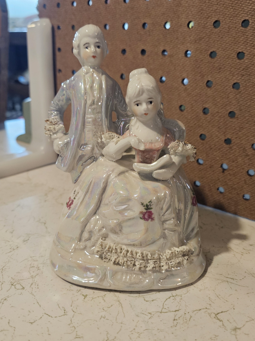 Vintage Iridescent White Porcelain Figurine with Pink Accents